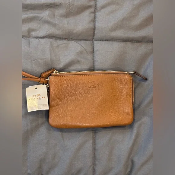 COACH Pebbled Leather Double Corner Zip Wristlet – Saddle Brown (F66505) - Picture 1 of 8